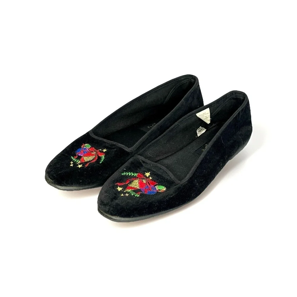 Tinsel Toes‎ Womens Black Velvet Holiday Christmas Bell Embroidered Flats Size 9